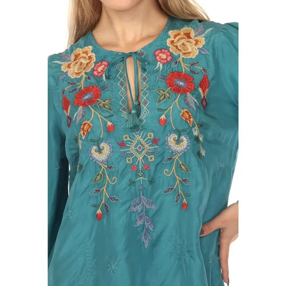 Johnny Was Workshop Taryn Flowy Tassel Silk Blouse Sea Stone Size L - Picture 4 of 9